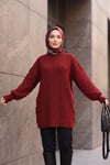 Kolları İnci Detaylı Desenli Salaş Triko Tunik  -Bordo