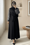 Kolları Pullu Kemerli İthal Likralı Krep Elbise  -Gümüş-Elbise-349-8031-R47