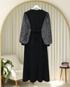 Elbise-Kolları Pullu Kemerli İthal Likralı Krep Elbise  -Gümüş-349-8031-R47