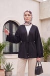 Kolları Püsküllü Beli Kemerli Keten Kimono  -Siyah
