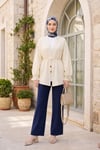 Kolları Püsküllü Beli Kemerli Keten Kimono  -Krem
