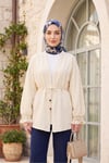 Kolları Püsküllü Beli Kemerli Keten Kimono  -Krem