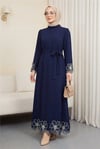 Kolları ve Eteği Çiçekli Taş Detaylı Bağcıklı Krep Elbise -Laci-Abiye-316-4802-R03