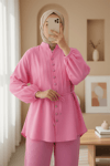 Kolu Bağcıklı Düğmeli V Yaka Tunik Pantolon Takım -Pembe-Takım-398-4018-R20