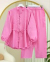 Kolu Bağcıklı Düğmeli V Yaka Tunik Pantolon Takım -Pembe-Takım-398-4018-R20