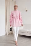Kolu Fırfırlı Taşlı Düğmeli Bağlamalı Gömlek  -Pembe-Tunik-307-0061-R20
