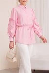 Kolu Fırfırlı Taşlı Düğmeli Bağlamalı Gömlek  -Pembe-Tunik-307-0061-R20