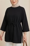 Kolu Katlı Beli Bağlamalı Yırtmaçlı Kaşkorse Tunik -Siyah-Tunik-253-13113-R01