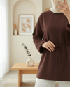 Kolu Katlı Beli Bağlamalı Yırtmaçlı Penye Tunik -K. Kahve-Tunik-349-7087-R54