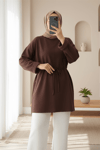 Kolu Katlı Beli Bağlamalı Yırtmaçlı Penye Tunik -K. Kahve-Tunik-349-7087-R54