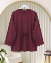 Kolu Katlı Beli Bağlamalı Yırtmaçlı Penye Tunik -Bordo-Tunik-349-7087-R04