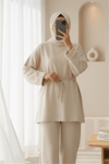 Kolu Katlı Beli Bağlamalı Yırtmaçlı Penye Tunik -Bej-Tunik-349-7087-R56