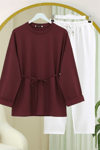 Kolu Katlı Beli Bağlamalı Yırtmaçlı Penye Tunik -Bordo-Tunik-349-7087-R04