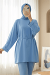 Kolu Katlı Beli Bağlamalı Yırtmaçlı Penye Tunik -Mavi-Tunik-349-7087-R31