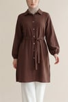 Kolu Lastikli Beli Bağcıklı Uzun Müslin Tunik -Kahve-Tunik-346-12602-R15