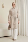 Kolu Lastikli Beli Bağcıklı Uzun Müslin Tunik -Bej-Tunik-346-12602-R56