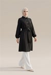 Kolu Lastikli Beli Bağcıklı Uzun Müslin Tunik -Siyah-Tunik-346-12602-R01