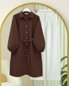 Kolu Lastikli Beli Bağcıklı Uzun Müslin Tunik -Kahve-Tunik-346-12602-R15