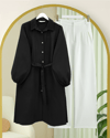 Kolu Lastikli Beli Bağcıklı Uzun Müslin Tunik -Siyah-Tunik-346-12602-R01