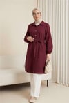 Kolu Lastikli Beli Bağcıklı Uzun Müslin Tunik -Bordo-Tunik-346-12602-R04