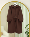 Kolu Lastikli Beli Bağcıklı Uzun Müslin Tunik -Kahve-Tunik-346-12602-R15