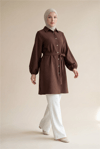 Kolu Lastikli Beli Bağcıklı Uzun Müslin Tunik -Kahve-Tunik-346-12602-R15