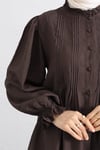 Kolu Lastikli Fırfır Detaylı Beli Bağcıklı Nervürlü Cupra Tunik -Koyu Kahverengi-Tunik-307-0109-R54
