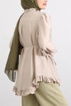 Kolu Lastikli Fırfır Detaylı Beli Bağcıklı Nervürlü Cupra Tunik -Bej-Tunik-307-0109-R56