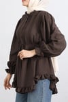 Kolu Lastikli Fırfır Detaylı Beli Bağcıklı Nervürlü Cupra Tunik -Koyu Kahverengi-Tunik-307-0109-R54