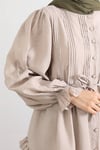 Kolu Lastikli Fırfır Detaylı Beli Bağcıklı Nervürlü Cupra Tunik -Bej-Tunik-307-0109-R56
