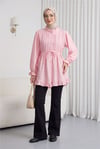 Kolu Lastikli Fırfır Detaylı Beli Bağcıklı Nervürlü Cupra Tunik  -Pembe-Tunik-307-0109-R20