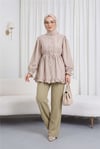 Kolu Lastikli Fırfır Detaylı Beli Bağcıklı Nervürlü Cupra Tunik -Bej-Tunik-307-0109-R56