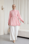 Kolu Lastikli Fırfır Detaylı Beli Bağcıklı Nervürlü Cupra Tunik  -Pembe-Tunik-307-0109-R20