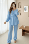 Kolu Lastikli İp Bağcıklı Müslin Takım -Mavi-Takım-307-21542-R31