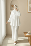 Kolu Lastikli İp Bağcıklı Müslin Takım -Beyaz-Takım-307-21542-R02