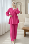 Kolu Lastikli İp Bağcıklı Müslin Takım -Fuşya-Takım-307-21542-R14