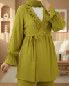 Kolu Lastikli Önü Fırfırlı Bağcıklı Krinkıl Kimono Takım -Yağ Yeşili-Takım-346-3073-R72