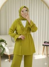 Kolu Lastikli Önü Fırfırlı Bağcıklı Krinkıl Kimono Takım -Yağ Yeşili-Takım-346-3073-R72