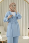 Kolu Lastikli Önü Fırfırlı Bağcıklı Krinkıl Kimono Takım -Mavi-Takım-346-3073-R31