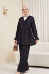 Kolu Lastikli Önü Fırfırlı Bağcıklı Krinkıl Kimono Takım -Siyah-Takım-346-3073-R01
