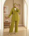 Kolu Lastikli Önü Fırfırlı Bağcıklı Krinkıl Kimono Takım -Yağ Yeşili-Takım-346-3073-R72