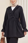 Kolu Lastikli Önü Fırfırlı Bağcıklı Krinkıl Kimono Takım -Siyah-Takım-346-3073-R01