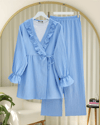 Kolu Lastikli Önü Fırfırlı Bağcıklı Krinkıl Kimono Takım -Mavi-Takım-346-3073-R31