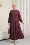 Kolu Lastikli Önü İncili Düğmeli Etekli Modal Takım   -Bordo-Takım-338-14434-R04
