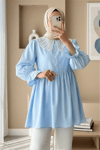 Kolu Lastikli Organze Bebe Yaka Yarım Düğmeli Tunik -Bebe Mavi-Tunik-307-2345-R32
