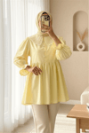 Kolu Lastikli Organze Bebe Yaka Yarım Düğmeli Tunik -Sarı-Tunik-307-2345-R22