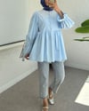 Kolu Lastikli Organze Bebe Yaka Yarım Düğmeli Tunik -Bebe Mavi-Tunik-307-2345-R32
