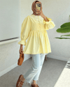 Kolu Lastikli Organze Bebe Yaka Yarım Düğmeli Tunik -Sarı-Tunik-307-2345-R22