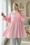 Kolu Lastikli Organze Bebe Yaka Yarım Düğmeli Tunik -Pembe-Tunik-307-2345-R20
