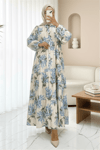 Kolu Lastikli Yarım Düğmeli Desenli Modal Elbise -Mavi-Elbise-197-67865-R31